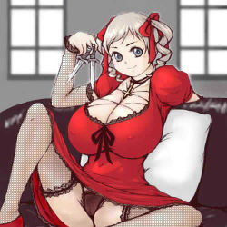 Rule 34 | 1girl, blue eyes, bow, breasts, cleavage, couch, covered erect nipples, cross, curvy, dress, female focus, fishnet thighhighs, fishnets, holding, huge breasts, indoors, inomaru, jewelry, knife, lingerie, lowres, necklace, panties, pillow, red dress, silver hair, sitting, smile, solo, spread legs, thighhighs, twintails, underwear, weapon