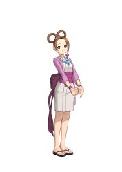 Rule 34 | 1girl, absurdres, ace attorney, aged up, asymmetrical hair, beads, black hair, brown hair, capcom, feet, full body, fuse takuro, hair intakes, hair ornament, hair rings, highres, interlocked fingers, japanese clothes, jewelry, kimono, looking at viewer, magatama, necklace, official art, pearl fey, phoenix wright: ace attorney - dual destinies, ribbon, ringed eyes, sandals, sash, short kimono, smile, solo, standing, toenails, toes, transparent background, wrist ribbon