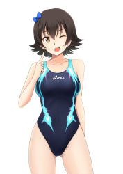 Rule 34 | 1girl, asics, black hair, black one-piece swimsuit, blue bow, bow, brown eyes, competition swimsuit, covered navel, cowboy shot, flipped hair, fuuma nagi, gluteal fold, hair bow, hair ornament, looking at viewer, one-piece swimsuit, one eye closed, open mouth, original, short hair, simple background, smile, solo, standing, swimsuit, white background
