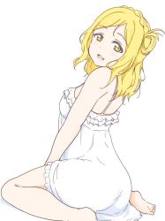 Rule 34 | 1girl, :d, ass, bad id, bad pixiv id, bare arms, bare shoulders, barefoot, blonde hair, blush, braid, commentary, crown braid, dress, from behind, hair rings, highres, icehotmilktea, long hair, looking at viewer, looking back, love live!, love live! sunshine!!, ohara mari, open mouth, simple background, sitting, sleeveless, sleeveless dress, smile, solo, strap slip, sundress, wariza, white background, white dress, yellow eyes