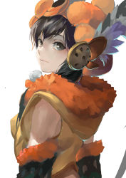 Rule 34 | 1girl, brown eyes, brown hair, character request, closed mouth, fur trim, gloves, headdress, highres, hunter.g, looking at viewer, looking back, monster hunter, monster hunter (series), monster hunter x, pom pom (clothes), short hair, simple background, solo, upper body, white background