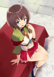 Rule 34 | 1girl, arm support, black footwear, brown hair, dress, flustered, green dress, green eyes, highres, japanese clothes, looking at viewer, low-tied sidelocks, low twintails, nanaka (tenka hyakken), on bench, outdoors, pleated skirt, pointing, pointing at self, red skirt, short hair, short sleeves, sitting, skirt, socks, tenka hyakken, twintails, usatsuka eiji, white socks
