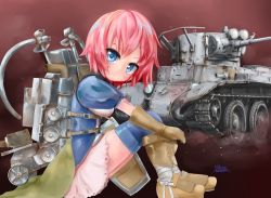 Rule 34 | 1girl, artist name, backpack, bad id, bad twitter id, bag, blue eyes, blue shirt, blue thighhighs, boots, brown footwear, brown gloves, bt-7, closed mouth, commentary, from side, gloves, hair ornament, hairclip, hugging own legs, looking at viewer, mecha musume, military, military vehicle, miniskirt, motor vehicle, name connection, original, personification, pink hair, puffy short sleeves, puffy sleeves, shasu (lastochka), shirt, short sleeves, signature, sitting, skirt, smile, solo, tank, thighhighs, white skirt