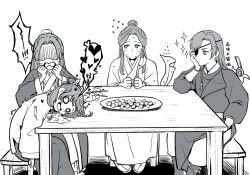 Rule 34 | !, !!, 1girl, 3boys, bad food, blush, braid, bun cover, chinese clothes, chopsticks, clenched hands, crossover, eyepatch, flying sweatdrops, food, hand on own face, hanfu, head on table, heart, highres, holding, holding chopsticks, holding ladle, hua cheng, jinshi (kusuriya no hitorigoto), kusuriya no hitorigoto, ladle, long hair, long sleeves, lu si lu ue, maomao (kusuriya no hitorigoto), monochrome, multiple boys, o o, open mouth, plate, scimitar, sitting, sparkle, spoken exclamation mark, spoken heart, sweat, sword, table, tianguan cifu, vomiting, weapon, wide sleeves, xie lian