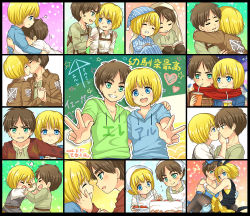 Rule 34 | 2boys, ai ai gasa, apron, armin arlert, blonde hair, blue eyes, brown hair, cake, chalkboard, clothes writing, collage, eren yeager, food, food on face, holding hands, hand on another&#039;s cheek, hand on another&#039;s face, hood, hoodie, hug, kiss, male focus, moxue qianxi, multiple boys, pajamas, shingeki no kyojin, short hair, yaoi