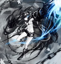 Rule 34 | 10s, 1girl, absurdres, arm cannon, armpits, belt, bikini, bikini top only, black footwear, black hair, black rock shooter, black rock shooter (character), blue eyes, boots, breasts, chain, commentary request, deluxe&lt;&lt;&lt;, full body, glowing, glowing eye, glowing eyes, highres, katana, knee boots, long hair, midriff, monochrome, navel, pale skin, scar, shorts, small breasts, solo, swimsuit, sword, twintails, uneven twintails, very long hair, weapon