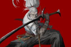 Rule 34 | 1boy, absurdres, aged up, bandaged arm, bandages, beard, facial hair, foreseen yasuo, grey hair, hakama, highres, holding, holding sword, holding weapon, japanese clothes, katana, league of legends, long hair, mustache, official alternate costume, ponytail, red background, rrrr46621358, short sleeves, solo, sword, weapon, yasuo (league of legends)