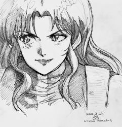 Rule 34 | 1980s (style), 1girl, amano kazumi, artist name, blush, closed mouth, commentary request, dated, greyscale, highres, leotard, lips, long hair, looking to the side, monochrome, murayama hitoshi, oldschool, retro artstyle, smile, solo, top wo nerae!, traditional media