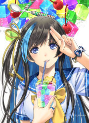 Rule 34 | 1girl, amaga sakuramaru, arm up, black hair, blue eyes, blue hair, blue sailor collar, bow, bracelet, cherry, colored inner hair, cup, food, fork, fruit, gelatin, holding, holding cup, jelly punch, jewelry, kiwi (fruit), kiwi slice, long hair, looking at viewer, multicolored hair, orange (fruit), orange slice, original, parted lips, print sailor collar, ring, sailor collar, shirt, short sleeves, smile, solo, spoon, streaked hair, two-tone hair, white shirt, yellow bow