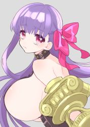 Rule 34 | 1girl, absurdres, belt collar, blush, bow, breasts, closed mouth, collar, commentary, fate/extra, fate/extra ccc, fate (series), from behind, grey background, hair bow, highres, huge breasts, light blush, looking at viewer, looking back, passionlip (fate), pink bow, purple hair, red eyes, revealing clothes, samei ikusa, sideboob, simple background, solo, tears, upper body