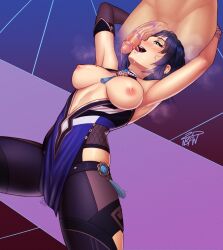 Rule 34 | 1boy, 1girl, 2dswirl, after fellatio, armpits, asymmetrical gloves, blue hair, breasts, breasts out, cum, dice, earrings, fellatio, genshin impact, gloves, hetero, highres, irrumatio, jewelry, large breasts, licking, licking penis, lipstick mark, looking at viewer, lying, messy hair, mismatched gloves, mole, mole on breast, multicolored hair, oral, penis, penis on face, purple lips, saliva, short hair, uncensored, yelan (genshin impact)