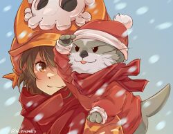 Rule 34 | 1girl, animal, animal in clothes, blush, brown hair, cabbie hat, christmas, dodomezaki, guilty gear, guilty gear strive, hat, hat ornament, highres, long hair, long sleeves, looking at viewer, may (guilty gear), mil17459623, orange eyes, orange hat, otter, red hat, red scarf, scarf, skull and crossbones, skull hat ornament, smile