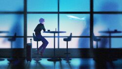 Rule 34 | 1boy, aircraft, airplane, airport, ba hezhi feng, black shirt, blue hair, blue pants, blue theme, blurry, blurry foreground, chair, commentary, cup, facing away, full body, gradient hair, grey hair, high heels, highres, ike eveland, ike eveland (2nd costume), long sleeves, male focus, multicolored hair, nijisanji, nijisanji en, pants, people, shirt, sitting, solo, symbol-only commentary, teacup, turtleneck, virtual youtuber, wide shot