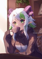 Rule 34 | 1girl, ardenlolo, artist name, black choker, black hoodie, blush, apricot the lich, choker, commentary, cup, demon horns, drinking, ear piercing, english commentary, facial mark, green eyes, green hair, hair ornament, hand up, holding, holding cup, hood, hood down, hoodie, horns, long sleeves, looking at viewer, mixed-language commentary, multicolored hair, multiple horns, piercing, plant, pointy ears, potted plant, silver hair, sleeves past wrists, solo, teacup, twitter logo, twitter username, two-tone hair, virtual youtuber, vshojo