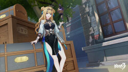 Rule 34 | 1girl, bare legs, black dress, blonde hair, bracelet, breasts, china dress, chinese clothes, chinese commentary, day, dress, eyewear on head, feet out of frame, highres, honkai (series), honkai impact 3rd, jewelry, logo, long hair, looking at viewer, medium breasts, official art, official wallpaper, open hand, open mouth, outdoors, ring, solo, songque (honkai impact), tree, white sleeves, window