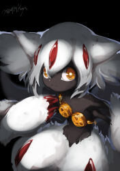 Rule 34 | 1girl, armpit peek, black background, body fur, claws, dark-skinned female, dark skin, dated, extra arms, faputa, fewer digits, frown, highres, koya10305, made in abyss, monster girl, short hair, simple background, solo, tail, topless, very dark skin, white fur, white hair, yellow eyes