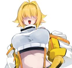 Rule 34 | 1girl, :d, ahoge, black sports bra, blonde hair, blush, breasts, clothing cutout, crop top, cropped sweater, elegg (nikke), gloves, goddess of victory: nikke, h yo no, hair intakes, hair over eyes, highres, large breasts, long bangs, long sleeves, multicolored clothes, multicolored gloves, multicolored hair, open mouth, short hair, shoulder cutout, simple background, smile, solo, sports bra, suspenders, thigh strap, two-tone hair