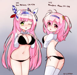 Rule 34 | 2girls, ahoge, ass, bad id, bad pixiv id, blush, breasts, butt crack, female focus, headband, highres, large breasts, long hair, looking at viewer, multiple girls, one eye closed, open mouth, original, pink hair, swimsuit, tandozzing, uss des moines (ca 134), wide hips