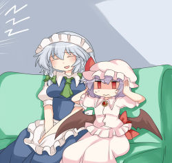 Rule 34 | 2girls, apron, ascot, bad id, bad pixiv id, bat wings, bow, braid, brooch, commentary request, couch, covering privates, covering own ears, closed eyes, green upholstery, hair bow, hammer (sunset beach), hat, highres, izayoi sakuya, jewelry, light purple hair, maid, maid apron, maid headdress, mob cap, multiple girls, open mouth, red eyes, remilia scarlet, short hair, silver hair, sitting, skirt, skirt set, smile, touhou, twin braids, v arms, waiting room, wings