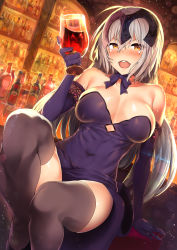 Rule 34 | 1girl, ahoge, alcohol, bar (place), bare shoulders, black dress, black gloves, black thighhighs, blush, breasts, cleavage, covered navel, cup, dress, drinking glass, drunk, elbow gloves, fate/grand order, fate (series), gloves, hair between eyes, headpiece, highres, hip focus, jeanne d&#039;arc (fate), jeanne d&#039;arc alter (avenger) (fate), jeanne d&#039;arc alter (fate), jeanne d&#039;arc alter (holy night supper) (fate), kawai (purplrpouni), large breasts, long hair, looking at viewer, official alternate costume, open mouth, silver hair, sitting, smile, solo, thighhighs, thighs, very long hair, wine, wine glass, yellow eyes