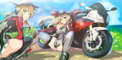 Rule 34 | 10s, 2girls, absurdres, anchor hair ornament, armadillo-tokage, bad id, bad twitter id, bismarck (kancolle), blonde hair, blue eyes, bmw s1000rr, breasts, chromatic aberration, detached sleeves, hair ornament, hat, highres, kantai collection, large breasts, long hair, medium breasts, military, military uniform, motor vehicle, motorcycle, multiple girls, peaked cap, prinz eugen (kancolle), smile, spread legs, squatting, thighhighs, twintails, uniform, vehicle