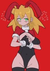 Rule 34 | 1girl, absurdres, animal ears, black leotard, black thighhighs, blonde hair, blush, breasts, buzzlyears, cleavage, covered navel, cropped shirt, fake animal ears, green eyes, highleg, highleg leotard, highres, leotard, medium breasts, medium hair, mega man (series), mega man legends (series), nervous sweating, rabbit ears, red background, red shirt, roll caskett (mega man), shirt, simple background, sleeves rolled up, solo, sweat, tears, thighhighs