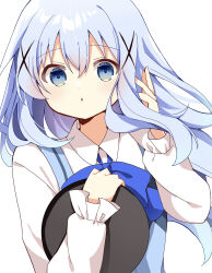 Rule 34 | 1girl, :o, absurdres, apron, blue apron, blue bow, blue bowtie, blue eyes, blue hair, blush, bow, bowtie, collared shirt, commentary, dot nose, floating hair, gochuumon wa usagi desu ka?, hair between eyes, hair ornament, hand in own hair, highres, holding, holding tray, hugging object, kafuu chino, long hair, looking at viewer, open mouth, shirt, sidelocks, simple background, solo, straight hair, tray, upper body, uwasewau, white background, white shirt, x hair ornament