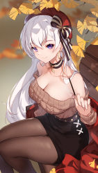 Rule 34 | 1girl, aran sweater, autumn leaves, azur lane, bare shoulders, belfast (azur lane), belfast (shopping with the head maid) (azur lane), bench, bison cangshu, black choker, black skirt, breasts, cable knit, choker, cleavage, closed mouth, commentary request, feet out of frame, food, hat, highres, holding, holding food, holding pocky, large breasts, long hair, looking at viewer, off-shoulder sweater, off shoulder, official alternate costume, pantyhose, pocky, purple eyes, red hat, sitting, skirt, smile, solo, sweater, thighs, white hair, wooden bench