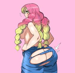 Rule 34 | 1girl, absurdres, ass, blush, braid, breasts, butt crack, denim, emboquo, gradient hair, green eyes, green hair, highres, huge ass, inconvenient ass, jeans, kanroji mitsuri, kimetsu no yaiba, large breasts, long hair, looking at viewer, mole, mole under eye, multicolored hair, no panties, pants, pink background, pink hair, solo, thick thighs, thighs, topless, torn clothes, torn pants