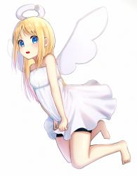 Rule 34 | 1other, angel, asanabe, bare shoulders, barefoot, bike shorts, blonde hair, blue eyes, blush, collarbone, crimvael, dress, feet, full body, halo, highres, ishuzoku reviewers, long hair, looking at viewer, open mouth, other focus, shiny skin, shorts, simple background, skindentation, solo, strapless, strapless dress, teeth, white background, white dress, wings