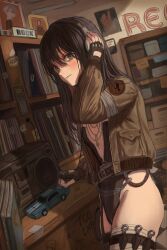 Rule 34 | 1girl, absurdres, bandaged leg, bandages, black gloves, black hair, black leotard, desk, fingerless gloves, gloves, gold can, green jacket, grey eyes, hand up, headphones, highres, indoors, jacket, jewelry, kunai, leotard, long hair, looking at viewer, necklace, original, shelf, solo, stereo, thigh strap, toy car, weapon