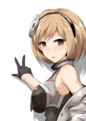 Rule 34 | 1girl, bare shoulders, between breasts, black gloves, black hairband, blush, breasts, brown eyes, brown hair, commentary request, djeeta (granblue fantasy), gloves, granblue fantasy, grey jacket, hairband, half gloves, hand up, jacket, large breasts, looking at viewer, looking to the side, necktie, necktie between breasts, off shoulder, parted lips, red necktie, rumiya9i, shadow, shirt, sleeveless, sleeveless shirt, smile, solo, upper body, v, white background