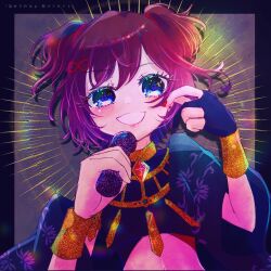 Rule 34 | 1girl, :d, blue eyes, brown hair, crop top, denonbu, fingerless gloves, gloves, hair ornament, hands up, highres, holding, holding microphone, jewelry, looking at viewer, lyrics, microphone, midriff, nail polish, necklace, official alternate costume, ogami matoi, open mouth, red nails, short hair, smile, solo, translation request, two side up, upper body, wide sleeves, yumenocorona