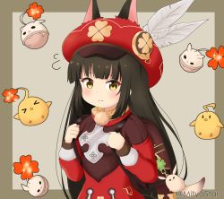 Rule 34 | animal, animal ears, azur lane, backpack, bag, bag charm, bird, black hair, blush, cabbie hat, charm (object), chick, closed mouth, commentary request, cosplay, dress, ears through headwear, feathers, flying sweatdrops, fox ears, genshin impact, hands up, hat, hat feather, holding strap, klee (genshin impact), klee (genshin impact) (cosplay), long hair, long sleeves, manjuu (azur lane), mitya, nagato (azur lane), red dress, red hat, solo, twitter username, upper body, very long hair, wavy mouth, white feathers, yellow eyes