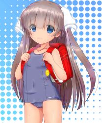 Rule 34 | 1girl, backpack, bag, blue eyes, brown hair, commentary request, covered navel, crime prevention buzzer, damubomu, highres, long hair, one-piece swimsuit, original, randoseru, ribbon, school swimsuit, smile, solo, swimsuit, tan, tanline, two side up, very long hair
