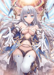Rule 34 | 1girl, akkijin, armor, bikini, bikini armor, blue eyes, breasts, elbow gloves, gloves, halo, large breasts, long hair, looking at viewer, multicolored halo, official art, oracle (shinkai no valkyrie), rainbow, rainbow halo, shinkai no valkyrie, silver hair, sky, stomach, swimsuit, sword, thighhighs, tiara, weapon, white gloves, wings
