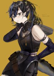 Rule 34 | 1girl, absurdres, arknights, arm strap, bare shoulders, black dress, black eyes, black gloves, black hair, blacknight (arknights), blue hair, commentary, cowboy shot, dress, elbow gloves, gloves, hair between eyes, highres, horns, infection monitor (arknights), kybe-2-haizara, long hair, looking at viewer, multicolored hair, pointy ears, ponytail, simple background, sleeveless, sleeveless dress, solo, standing, streaked hair, tail, yellow background