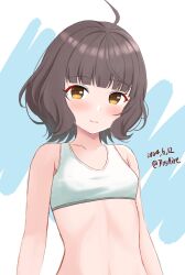 Rule 34 | 1girl, ahoge, ame-san, blunt bangs, brown eyes, dated, grey hair, highres, kantai collection, kishinami (kancolle), looking at viewer, midriff, one-hour drawing challenge, short hair, solo, sports bra, twitter username, upper body, white sports bra