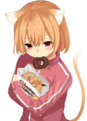 Rule 34 | 1girl, animal ears, bag, brand name imitation, brown hair, cat ears, cat tail, doughnut, food, holding, mister donut, mouth hold, nuko (mikupantu), original, paper bag, short hair, simple background, solo, tail, track suit, white background