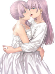 Rule 34 | 2girls, bare arms, commentary request, cowboy shot, dress, eye contact, french kiss, from side, green eyes, hand on another&#039;s back, highres, hug, kiss, light particles, long hair, long sleeves, looking at another, multiple girls, open mouth, original, pink hair, sleeveless, sleeveless dress, takekawa shin, tongue, tongue out, white dress, yuri