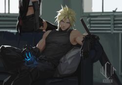 Rule 34 | 1boy, 1girl, artist name, bare shoulders, belt, black gloves, black hair, black pants, black skirt, black thighhighs, blonde hair, blue eyes, buster sword, closed mouth, cloud strife, commentary, couch, crop top, elbow gloves, english commentary, final fantasy, final fantasy vii, final fantasy vii remake, gloves, head out of frame, highres, holding, indoors, long hair, low-tied long hair, lucia hsiang, materia, multiple belts, on couch, pants, sitting, skirt, sleeveless, sleeveless turtleneck, spiked hair, sweater, sword, tank top, thighhighs, tifa lockhart, toned, toned male, turtleneck, turtleneck sweater, weapon, white tank top, window