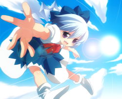 Rule 34 | 1girl, aro, bad id, bad pixiv id, blue hair, cirno, cloud, day, dress, embodiment of scarlet devil, female focus, flying, gradient background, outdoors, ribbon, short hair, sky, solo, touhou, wings, ya (pixiv)