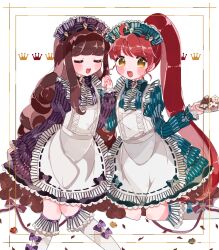 Rule 34 | 2girls, :d, alternate costume, apron, blue dress, bow, brown hair, closed eyes, crown, dress, enmaided, fang, hair bow, hand up, highres, holding, holding hands, holding plate, juliet sleeves, kira (kiratwins), kurosu aroma, long hair, long sleeves, looking at viewer, maid, maid headdress, multiple girls, open mouth, plate, ponytail, pretty series, pripara, puffy sleeves, purple dress, red hair, shiratama mikan, smile, standing, striped clothes, striped dress, third-party source, vertical-striped clothes, vertical-striped dress, white apron, yellow eyes
