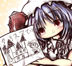 Rule 34 | 1girl, blue hair, bow, child&#039;s drawing, drawing, female focus, hat, hat bow, holding, house, kouba, light smile, portrait, red eyes, remilia scarlet, scarlet devil mansion, smile, solo, touhou, translation request, wide face