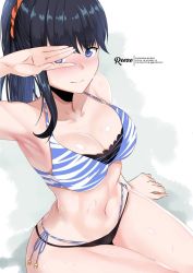 Rule 34 | 10s, 1girl, animal print, armpits, bikini, black bikini, black hair, blue bikini, blue eyes, blush, breasts, cleavage, closed mouth, commentary, gridman universe, halterneck, hand in own hair, large breasts, long hair, looking at viewer, mismatched bikini, navel, orange scrunchie, paid reward available, reeze (artist), reeze (reezely), scrunchie, side-tie bikini bottom, sidelocks, sitting, solo, ssss.gridman, swimsuit, takarada rikka, thighs, tiger print, wet