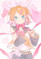 Rule 34 | 1girl, belt, black sailor collar, black shorts, black sleeves, blonde hair, blue eyes, bow, bowtie, commentary, detached sleeves, hair bow, hair ornament, hairpin, heart, highres, kagamine rin, looking at viewer, medium hair, neck ribbon, neckerchief, parted lips, pink bow, pink bowtie, pink ribbon, ribbon, sailor collar, shirt, shorts, sleeveless, sleeveless shirt, solo, suiri (suiri 02), symbol-only commentary, vocaloid, white shirt, yellow belt, yellow neckerchief