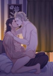 Rule 34 | 10s, 2boys, anal, artist request, bed, bedroom, final fantasy, final fantasy xv, gladiolus amicitia, handjob, highres, ignis scientia, kiss, male focus, male penetrated, multiple boys, penis, penis grab, sex, sitting, sitting on person, tattoo, tongue, yaoi