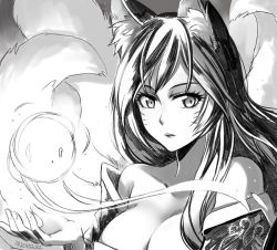 Rule 34 | 1girl, ahri (league of legends), animal ears, artist name, bare shoulders, breasts, cleavage, facial mark, female focus, fox ears, large breasts, league of legends, long hair, monochrome, multiple tails, signature, solo, songwut ouppakarndee, tail, upper body, whisker markings