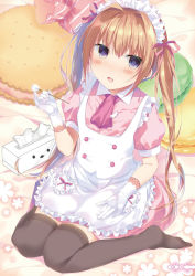 Rule 34 | 1girl, :d, absurdres, apron, bed sheet, black thighhighs, blush, brown hair, collared shirt, dress shirt, food, frilled apron, frills, full body, gloves, hair between eyes, hair ribbon, highres, hirari, holding, lace, lace-trimmed gloves, lace trim, long hair, macaron, maid headdress, mimikaki, no shoes, open mouth, original, pillow, pink shirt, pink skirt, puffy short sleeves, puffy sleeves, purple eyes, red neckwear, red ribbon, ribbon, shirt, short sleeves, sitting, skirt, smile, solo, thighhighs, tissue box, twintails, very long hair, vest, wariza, white apron, white gloves, white vest