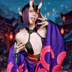 Rule 34 | 1girl, breasts, cosplay, fate/grand order, fate (series), female focus, horns, moon usagi, photo (medium), pointy ears, purple eyes, purple hair, russian (nationality), short hair, shuten douji (fate), skin-covered horns, small breasts, solo, standing